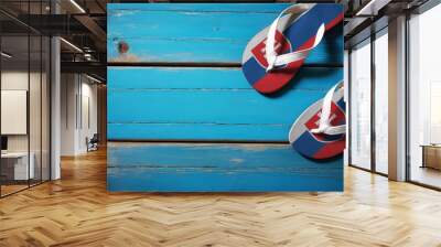 Pair of beach sandals with flag Slovakia. Slippers for summer sea vacation. Concept travel and vacation in Slovakia. Wall mural