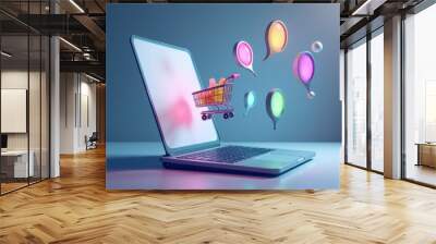 Shopping cart emerging from a laptop screen symbolizing online shopping with colorful digital icons floating around. Wall mural