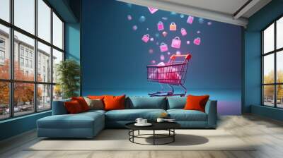 Shopping cart with pink glow under floating pastel shopping bags, symbolizing online shopping and consumerism in a vibrant, digital-themed environment. Wall mural