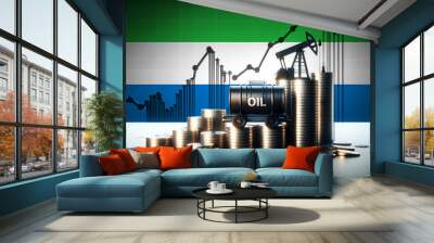 Stacks of coins with oil barrels and a pumpjack against the Sierra Leone flag, symbolizing the economic impact of the oil industry on economy and financial markets. Wall mural