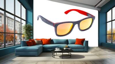 70s style square sunglasses from wood texture and yellow orange chameleon glasses isolated on a white background 3/4 side view. Wall mural