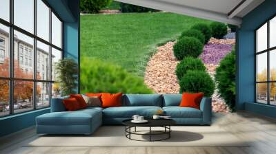 landscape bed of garden with environment growth bushes gravel mulching by natural rock way on a day spring park with green lawn close up details, nobody. Wall mural