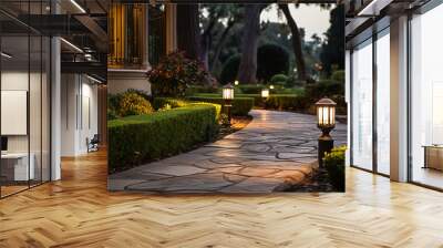 rough stone path illuminated by iron garden lights surrounded by hedge, backyard landscape at evening, created with Generative AI Technology. Wall mural