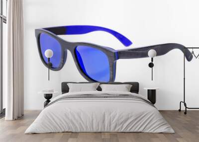 sunglasses made of eco materials glass and wooden rim, gray-blue glasses isolated on a white background side view 3/4. Wall mural