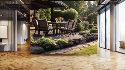 table with chairs on the terrace of a house near a garden with plants on a sunny summer day, created with Generative AI Technology. Wall mural