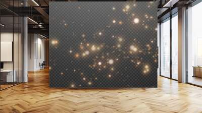 Christmas glowing bokeh confetti light and glitter texture overlay for your design. Festive sparkling gold dust png. Holiday powder dust for cards, invitations, banners, advertising. Wall mural