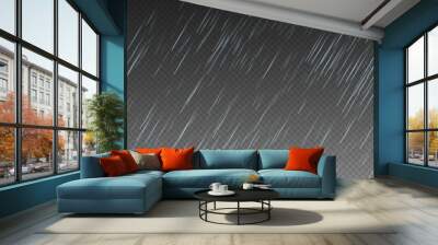 Raindrops on transparent background. 
Storm with rain and white cloud isolated on transparent background. Downpour, hail rainy weather. png Wall mural