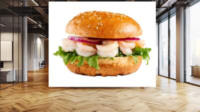 Delicious burger with shrimp on white isolated background. Tasty fresh unhealthy burgers with cheese and two patties. Fast food, unhealthy food concept. Wall mural