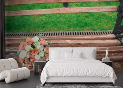 wedding bouquet on a bench Wall mural