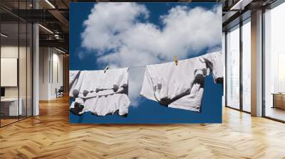 white clothes dried on a rope against a blue sky. White clothes drying with clothespins white inner wear on Rack dryer Collapsible clothes plastic clothespins Wall mural