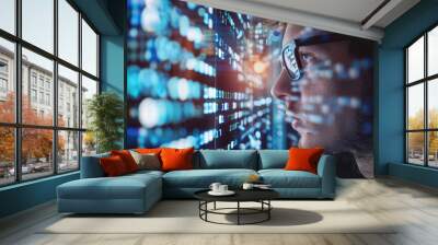 A young male IT specialist looks at a digital board with binary program code. Data analysis, matrix numbers and artificial intelligence technologies Wall mural