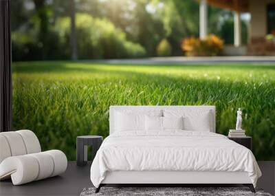 Beautiful green grass lawn closeup in the yard of a house Wall mural