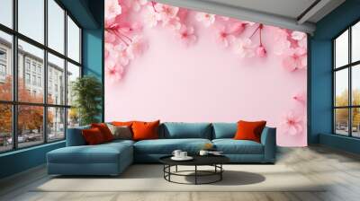 Delicate pink watercolor spring background with flowers. Copy space Wall mural