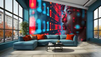 Young black female IT specialist looking at digital board with binary program code. Data analysis, matrix numbers and artificial intelligence technology Wall mural