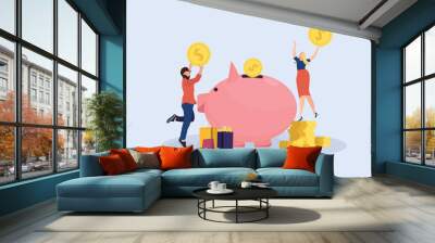 Wife and husband are holding coins. Saving money investing Smart people save money. A man and a woman make financial savings, a big piggy bank. Wall mural