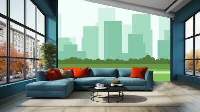 Abstract green 2d background with city and skyscrapers Wall mural