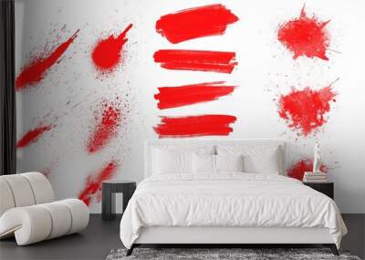 Red paint brush strokes, splashes and blots. Set of red paint brushes Wall mural