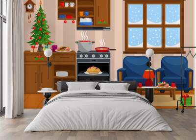 Room prepared for the new year and Christmas. Studio apartment with combined living room and kitchen. Wall mural