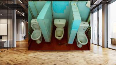 Old public toilet with three toilet bowls and red painted floor Wall mural