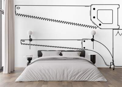 Hand drawn set of two hacksaws. Tool for cutting wood. Doodle style. Vector Wall mural