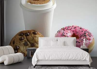 A cardboard coffee cup and two donuts are on the table Wall mural