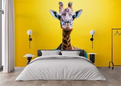 A funny giraffe with a multicolored costume stands on a yellow background Wall mural