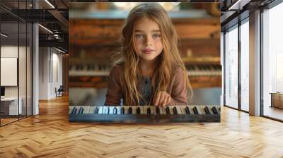 A girl learns to play the piano at home Wall mural