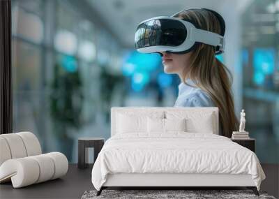 A girl wearing a virtual reality headset indoors. A girl with virtual reality glasses Wall mural