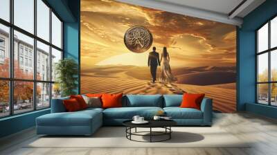 A glamorous couple walks through the desert at sunset. A girl in a dress with a very long train, the fabric fluttering in the wind and a man in a formal suit in the desert Wall mural