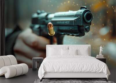 A handgun with a flying bullet. A hand holding a gun on a blurry background Wall mural