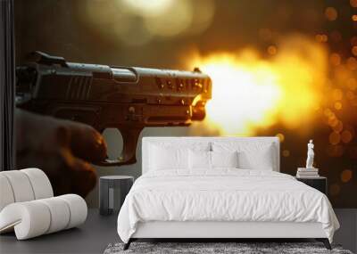 A handgun with a flying bullet. A hand holding a gun on a blurry background Wall mural