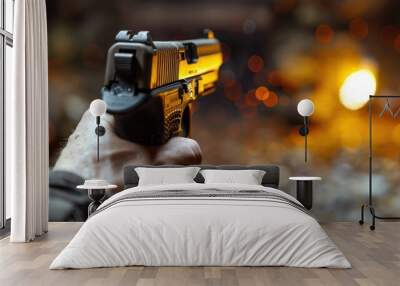 A handgun with a flying bullet. A hand holding a gun on a blurry background Wall mural