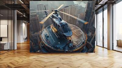 A helicopter landing on the helipad of a skyscraper. Building with a helipad Wall mural