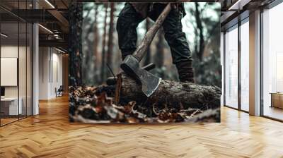 A lumberjack cuts down a tree in a remote forest with a sharp axe, an axe detail Wall mural