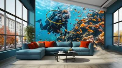 A male scuba diver swimming underwater near a coral reef. A diver in the underwater expanses Wall mural