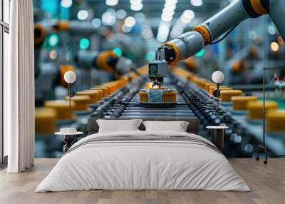 A robotic arm is working on a conveyor belt. Automatic warehouse with robotic manipulators Wall mural