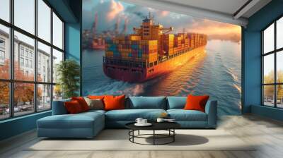 A ship with gold containers carries cargo by sea. Container ship Wall mural