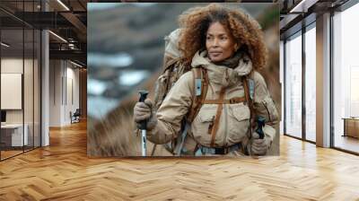 A single female traveler exploring the area in autumn Wall mural