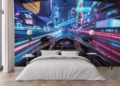 A sports supercar is racing through a glowing night city. First-person view Wall mural