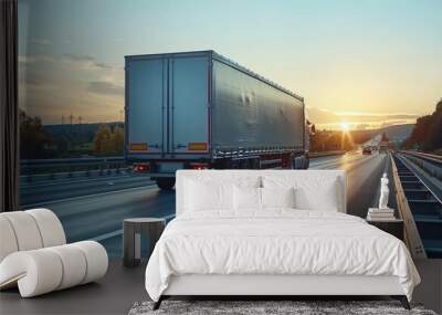 a truck driving down the highway carrying merchandise. A loaded truck is driving on the highway carrying goods Wall mural