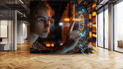 A young girl in a digital office with a double image of a futuristic network interface and a hologram. The concept of the Internet and communication Wall mural