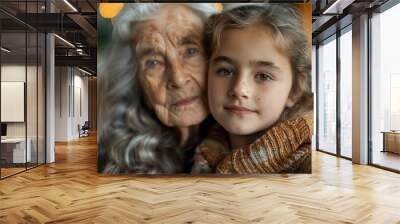 An elderly woman hugs her daughter at home. Portrait of a grandmother and granddaughter Wall mural