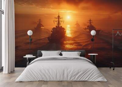 Combat landing ships are sailing at dawn Wall mural