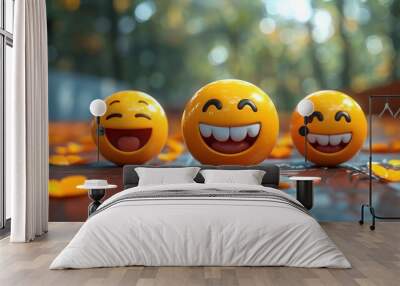 Different faces, emojis - Lots of laughing yellow smiling emojis. World Emoji Day Wall mural