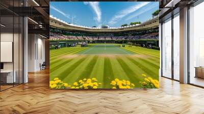 empty tennis court, open-air tennis stadium stands for sports fans Wall mural