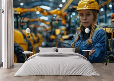 Girl worker in yellow helmet and uniform at tractor production. Production concept Wall mural