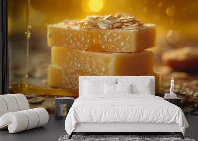 Handmade soap with honey and oatmeal on the table Wall mural