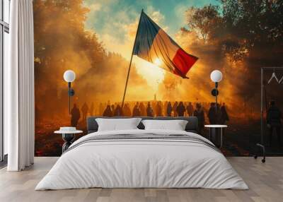 Happy Bastille Day. The French flag is flying at sunset Wall mural