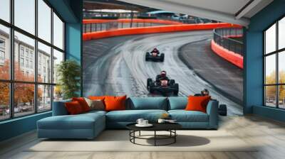 Helmeted racers race karts on an open track, experiencing pleasure and excitement Wall mural