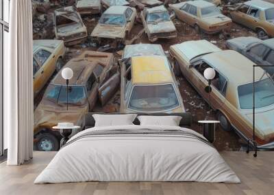 Junkyard of passenger cars from the air. Old rusty cars at an automobile junkyard Wall mural